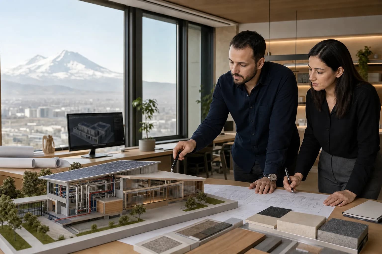 Bir mühendis ve mimarın sürdürülebilir yapı maketi üzerinde çalışması