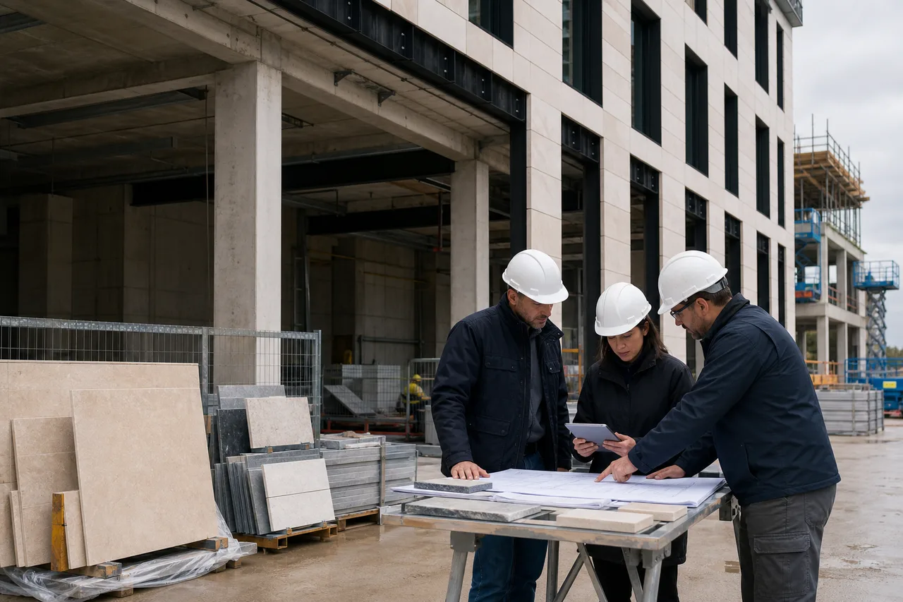 Şantiyede proje planlarını inceleyen teknik yönetim ekibi